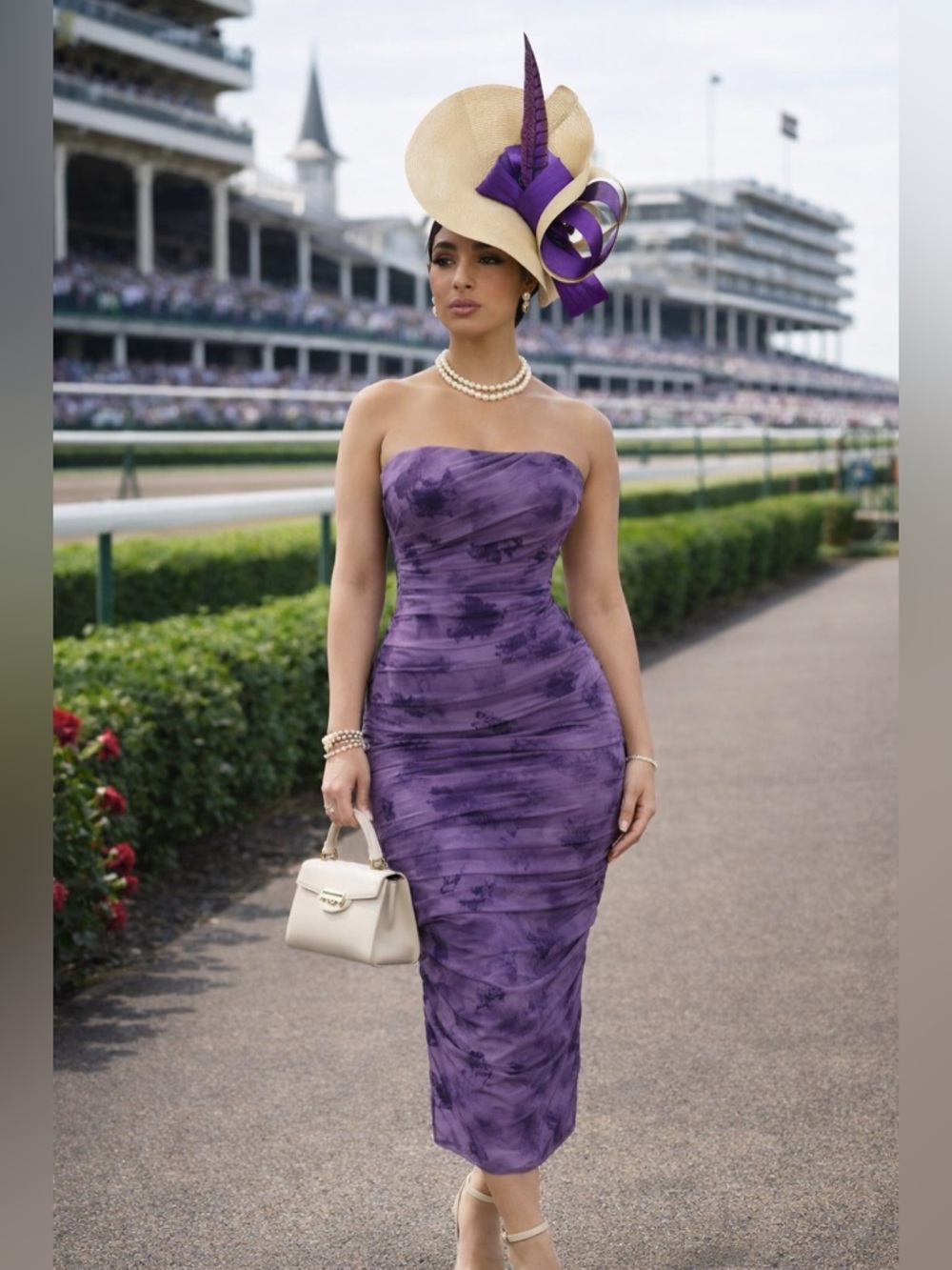 Fashion Nova Strapless Mesh Purple Ruched Midi Bodycon Dress Kentucky Derby 🐎